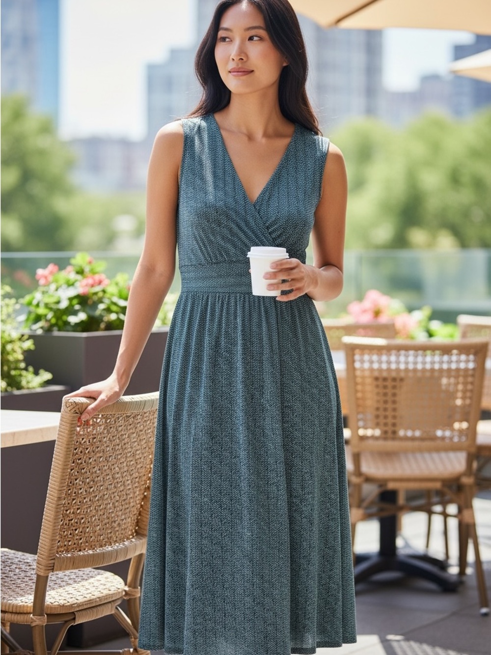 L.L. Bean Sleeveless Teal Patterned V-Neck Midi Dress